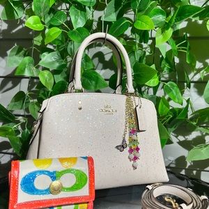 COPY - White IRIDESCENT Glitter Leather Medium Coach Purse W/Charm & Wallet